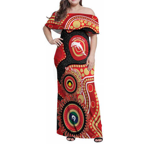 Dolphins NAIDOC Week 2026 Personalised Family Matching Off Shoulder Maxi Dress and Hawaiian Shirt 50 Years of Deadly Aboriginal Art