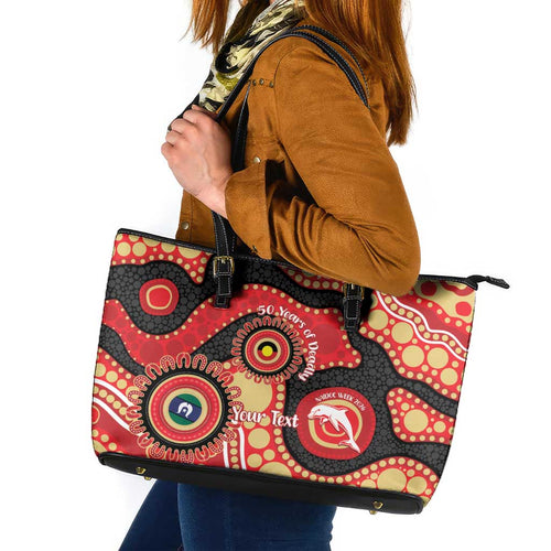 Dolphins NAIDOC Week 2026 Personalised Leather Tote Bag 50 Years of Deadly Aboriginal Art