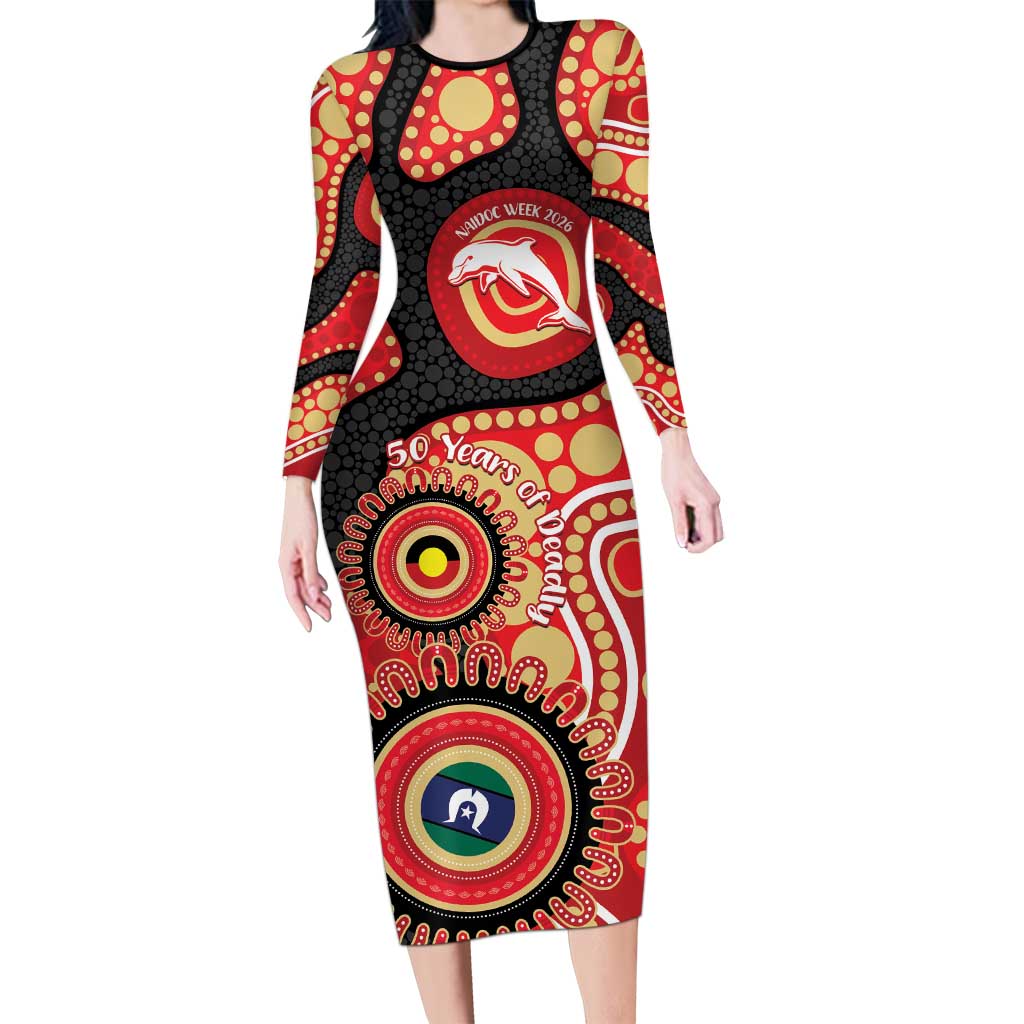 Dolphins NAIDOC Week 2026 Personalised Long Sleeve Bodycon Dress 50 Years of Deadly Aboriginal Art