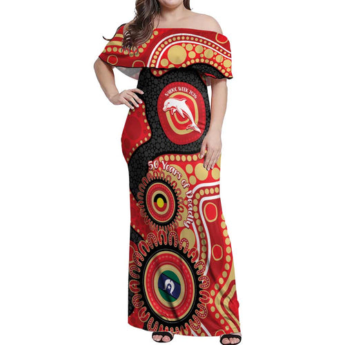 Dolphins NAIDOC Week 2026 Personalised Off Shoulder Maxi Dress 50 Years of Deadly Aboriginal Art