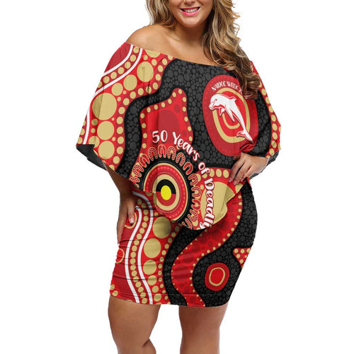 Dolphins NAIDOC Week 2026 Personalised Off Shoulder Short Dress 50 Years of Deadly Aboriginal Art