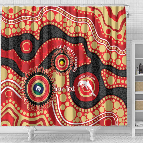Dolphins NAIDOC Week 2026 Personalised Shower Curtain 50 Years of Deadly Aboriginal Art