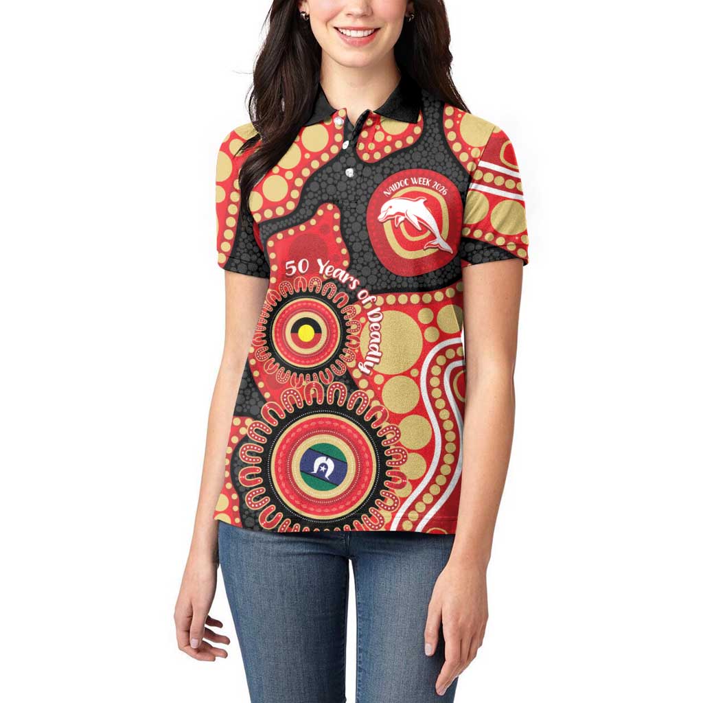 Dolphins NAIDOC Week 2026 Personalised Women Polo Shirt 50 Years of Deadly Aboriginal Art