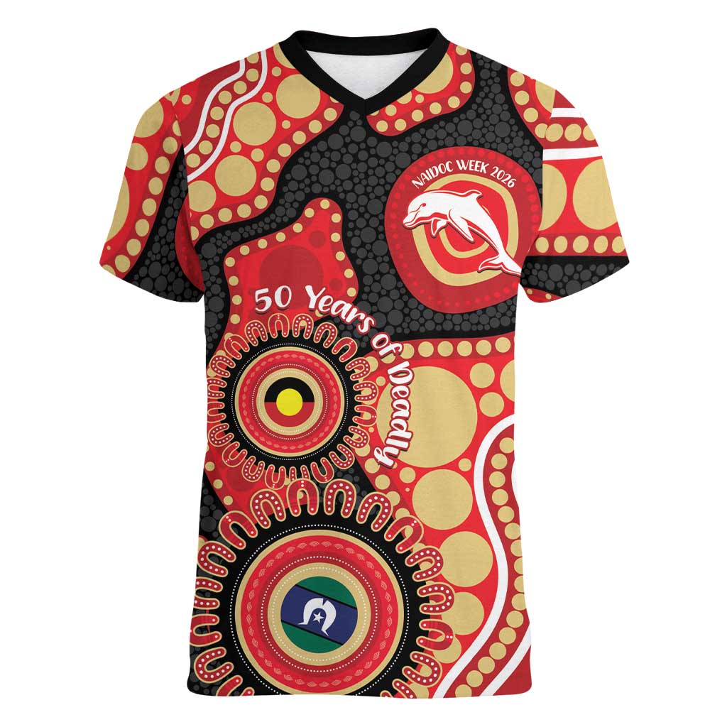 Dolphins NAIDOC Week 2026 Personalised Women V-Neck T-Shirt 50 Years of Deadly Aboriginal Art