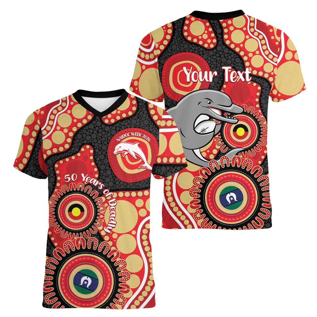 Dolphins NAIDOC Week 2026 Personalised Women V-Neck T-Shirt 50 Years of Deadly Aboriginal Art