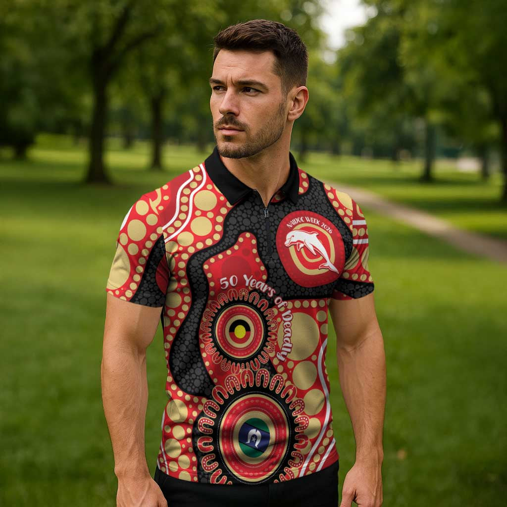 Dolphins NAIDOC Week 2026 Personalised Zipper Polo Shirt 50 Years of Deadly Aboriginal Art