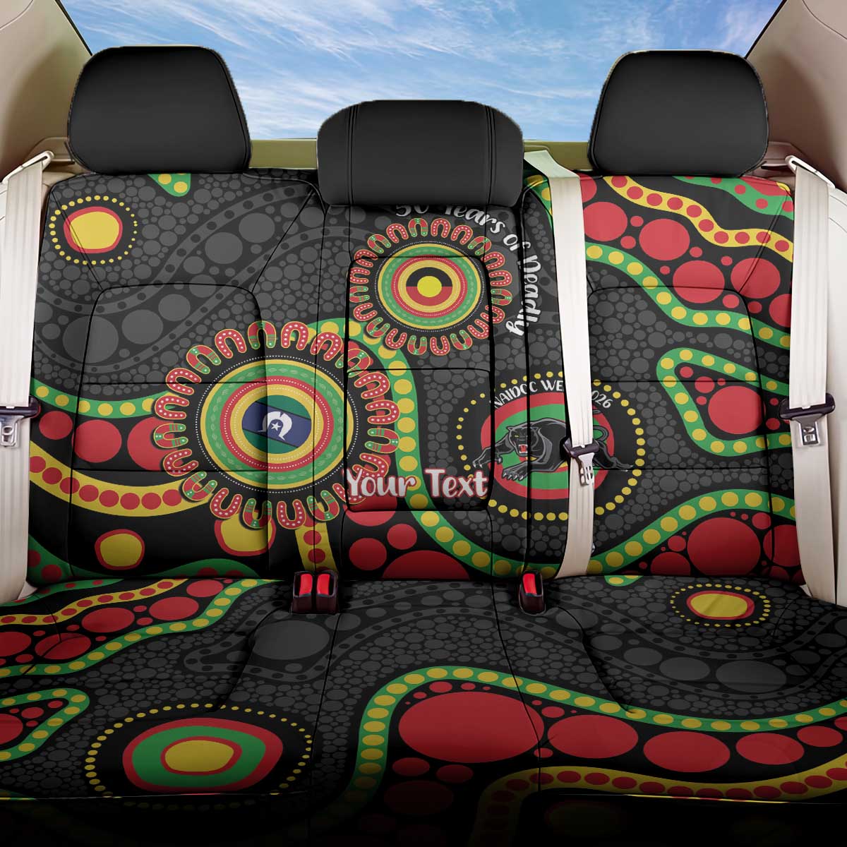 Panthers NAIDOC Week 2026 Personalised Back Car Seat Cover 50 Years of Deadly Aboriginal Art Black