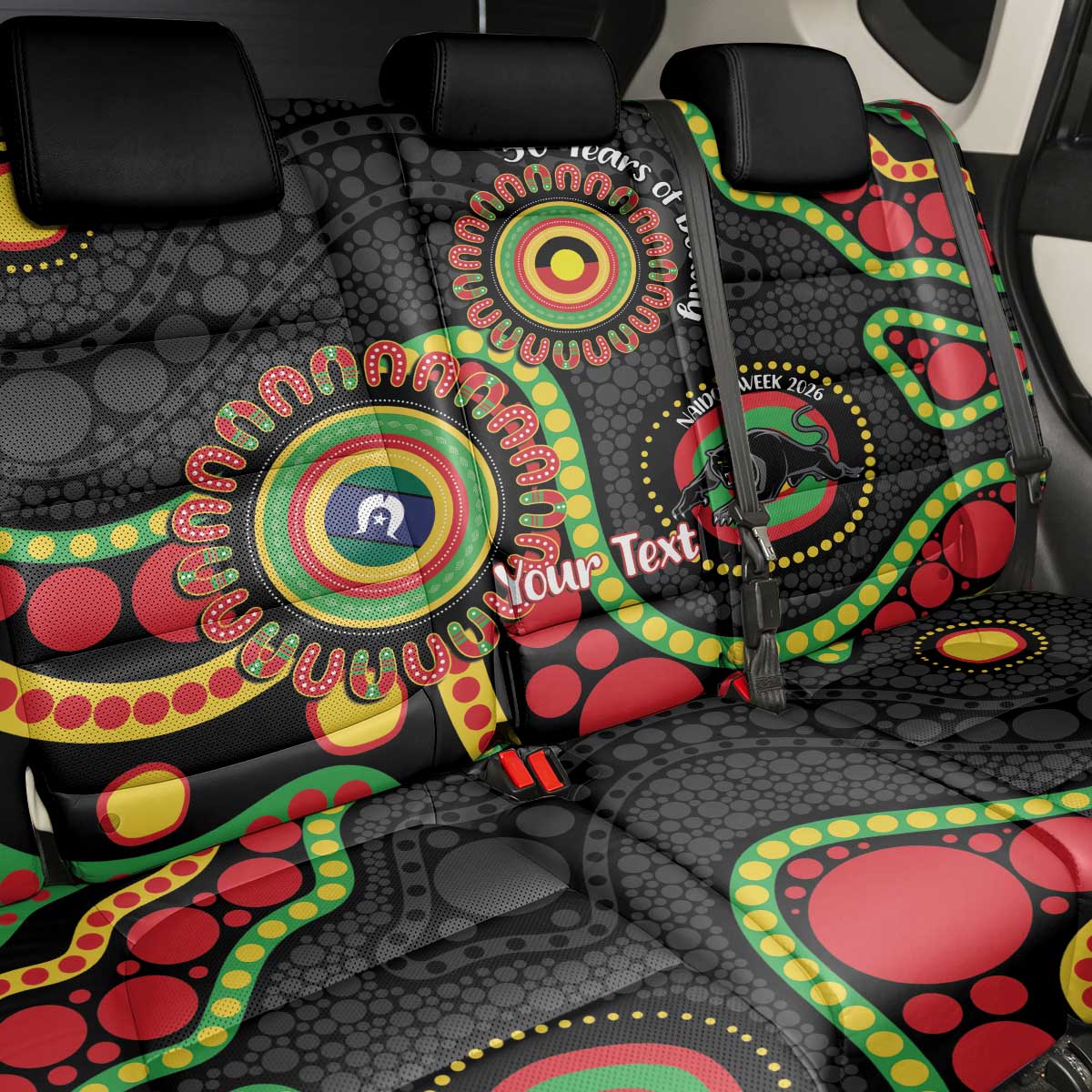 Panthers NAIDOC Week 2026 Personalised Back Car Seat Cover 50 Years of Deadly Aboriginal Art Black