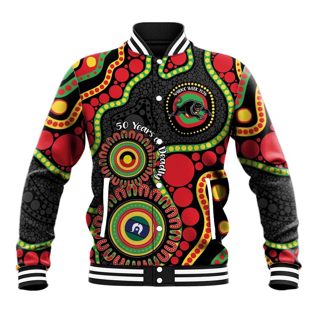 Panthers NAIDOC Week 2026 Personalised Baseball Jacket 50 Years of Deadly Aboriginal Art Black