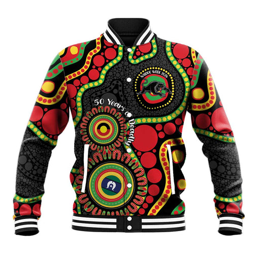 Panthers NAIDOC Week 2026 Personalised Baseball Jacket 50 Years of Deadly Aboriginal Art Black