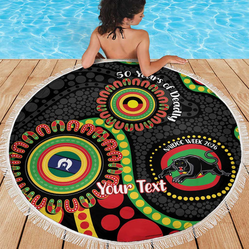 Panthers NAIDOC Week 2026 Personalised Beach Blanket 50 Years of Deadly Aboriginal Art Black