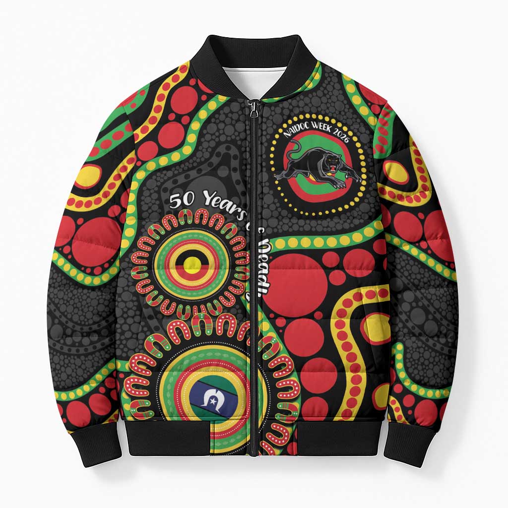 Panthers NAIDOC Week 2026 Personalised Bomber Puffer Jacket 50 Years of Deadly Aboriginal Art Black