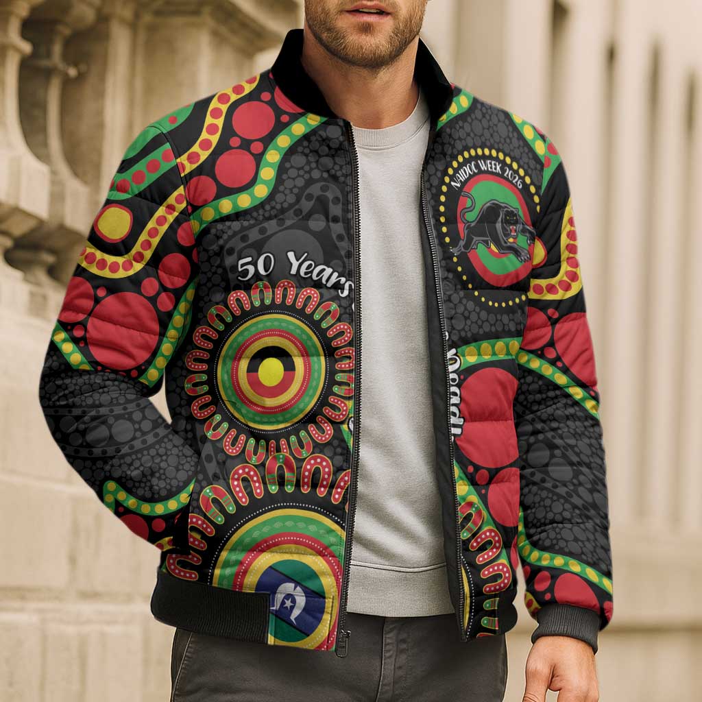 Panthers NAIDOC Week 2026 Personalised Bomber Puffer Jacket 50 Years of Deadly Aboriginal Art Black