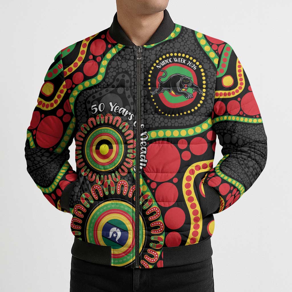 Panthers NAIDOC Week 2026 Personalised Bomber Puffer Jacket 50 Years of Deadly Aboriginal Art Black