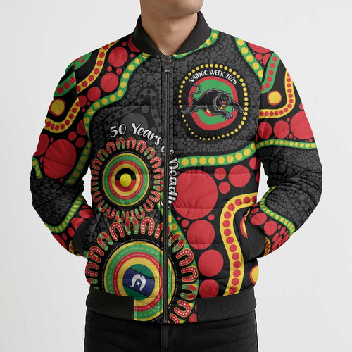 Panthers NAIDOC Week 2026 Personalised Bomber Puffer Jacket 50 Years of Deadly Aboriginal Art Black