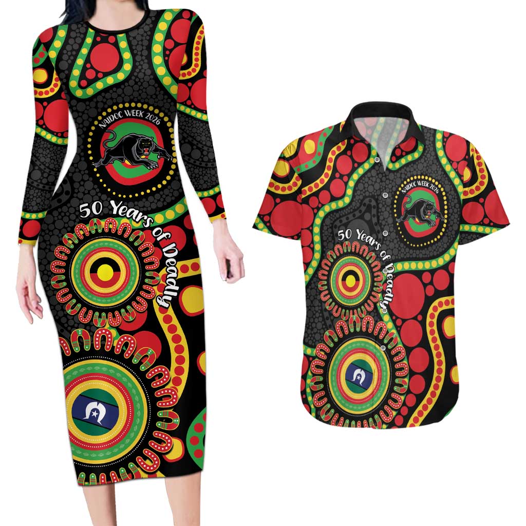 Panthers NAIDOC Week 2026 Personalised Couples Matching Long Sleeve Bodycon Dress and Hawaiian Shirt 50 Years of Deadly Aboriginal Art Black
