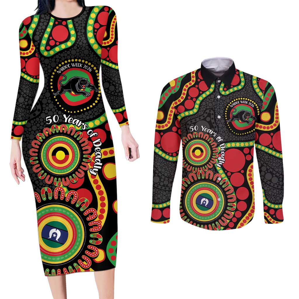 Panthers NAIDOC Week 2026 Personalised Couples Matching Long Sleeve Bodycon Dress and Long Sleeve Button Shirt 50 Years of Deadly Aboriginal Art Black