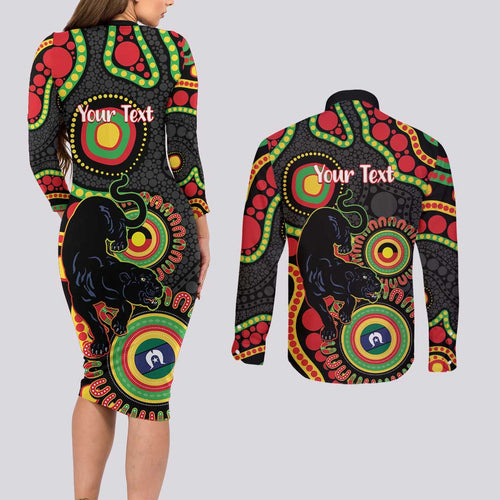 Panthers NAIDOC Week 2026 Personalised Couples Matching Long Sleeve Bodycon Dress and Long Sleeve Button Shirt 50 Years of Deadly Aboriginal Art Black