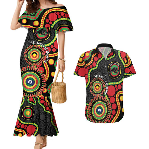 Panthers NAIDOC Week 2026 Personalised Couples Matching Mermaid Dress and Hawaiian Shirt 50 Years of Deadly Aboriginal Art Black