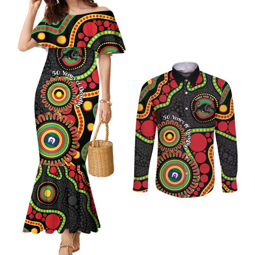 Panthers NAIDOC Week 2026 Personalised Couples Matching Mermaid Dress and Long Sleeve Button Shirt 50 Years of Deadly Aboriginal Art Black