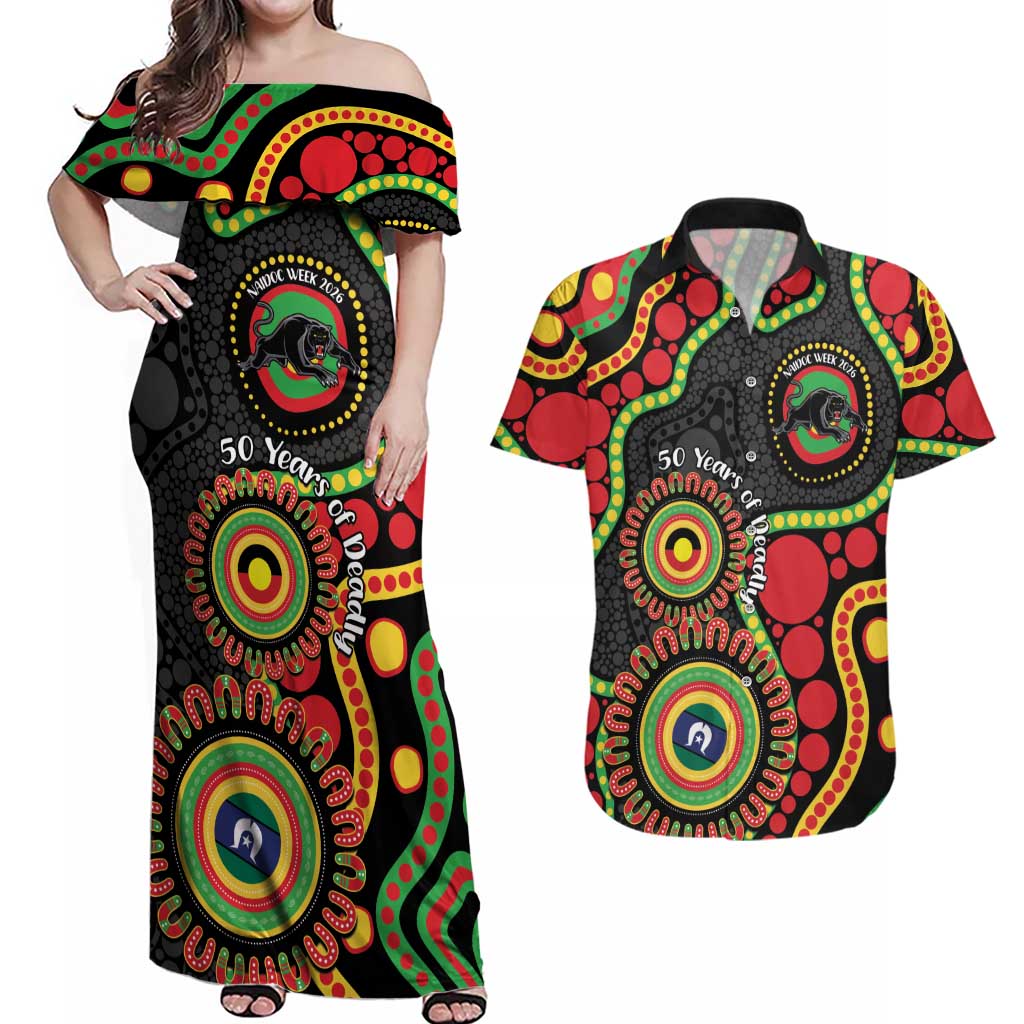 Panthers NAIDOC Week 2026 Personalised Couples Matching Off Shoulder Maxi Dress and Hawaiian Shirt 50 Years of Deadly Aboriginal Art Black