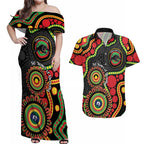 Panthers NAIDOC Week 2026 Personalised Couples Matching Off Shoulder Maxi Dress and Hawaiian Shirt 50 Years of Deadly Aboriginal Art Black