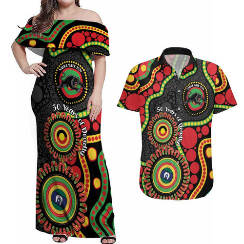 Panthers NAIDOC Week 2026 Personalised Couples Matching Off Shoulder Maxi Dress and Hawaiian Shirt 50 Years of Deadly Aboriginal Art Black