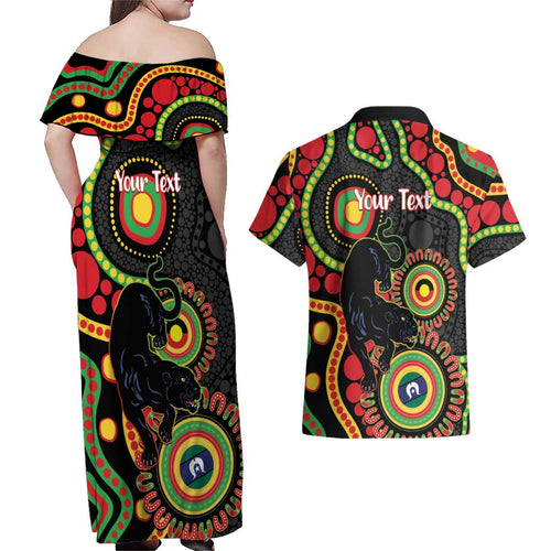 Panthers NAIDOC Week 2026 Personalised Couples Matching Off Shoulder Maxi Dress and Hawaiian Shirt 50 Years of Deadly Aboriginal Art Black