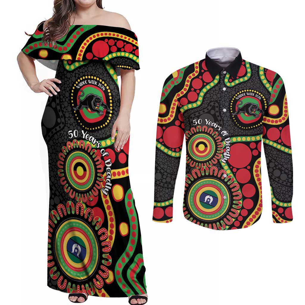 Panthers NAIDOC Week 2026 Personalised Couples Matching Off Shoulder Maxi Dress and Long Sleeve Button Shirt 50 Years of Deadly Aboriginal Art Black