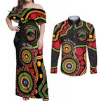 Panthers NAIDOC Week 2026 Personalised Couples Matching Off Shoulder Maxi Dress and Long Sleeve Button Shirt 50 Years of Deadly Aboriginal Art Black