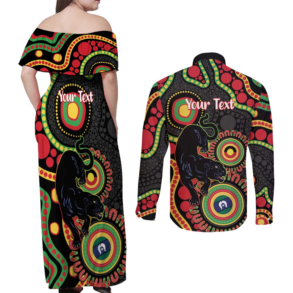 Panthers NAIDOC Week 2026 Personalised Couples Matching Off Shoulder Maxi Dress and Long Sleeve Button Shirt 50 Years of Deadly Aboriginal Art Black