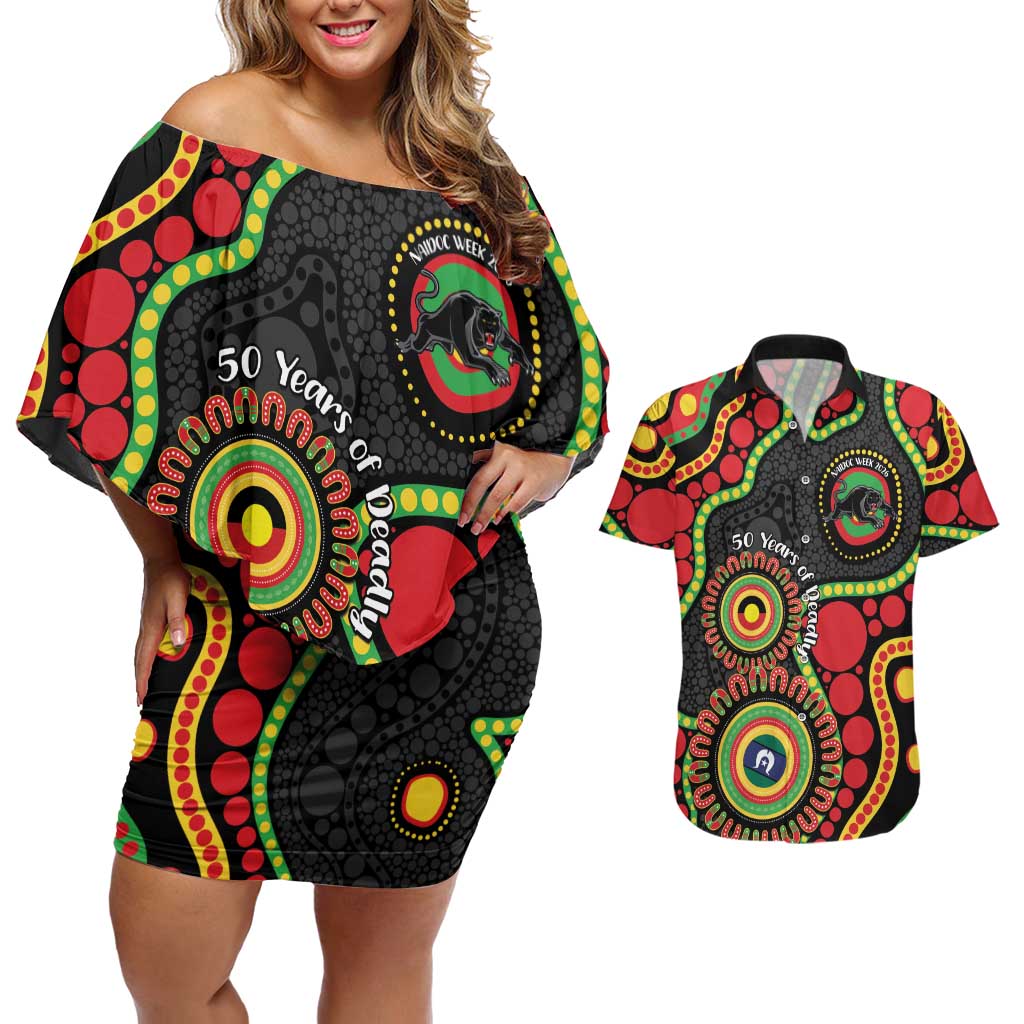Panthers NAIDOC Week 2026 Personalised Couples Matching Off Shoulder Short Dress and Hawaiian Shirt 50 Years of Deadly Aboriginal Art Black