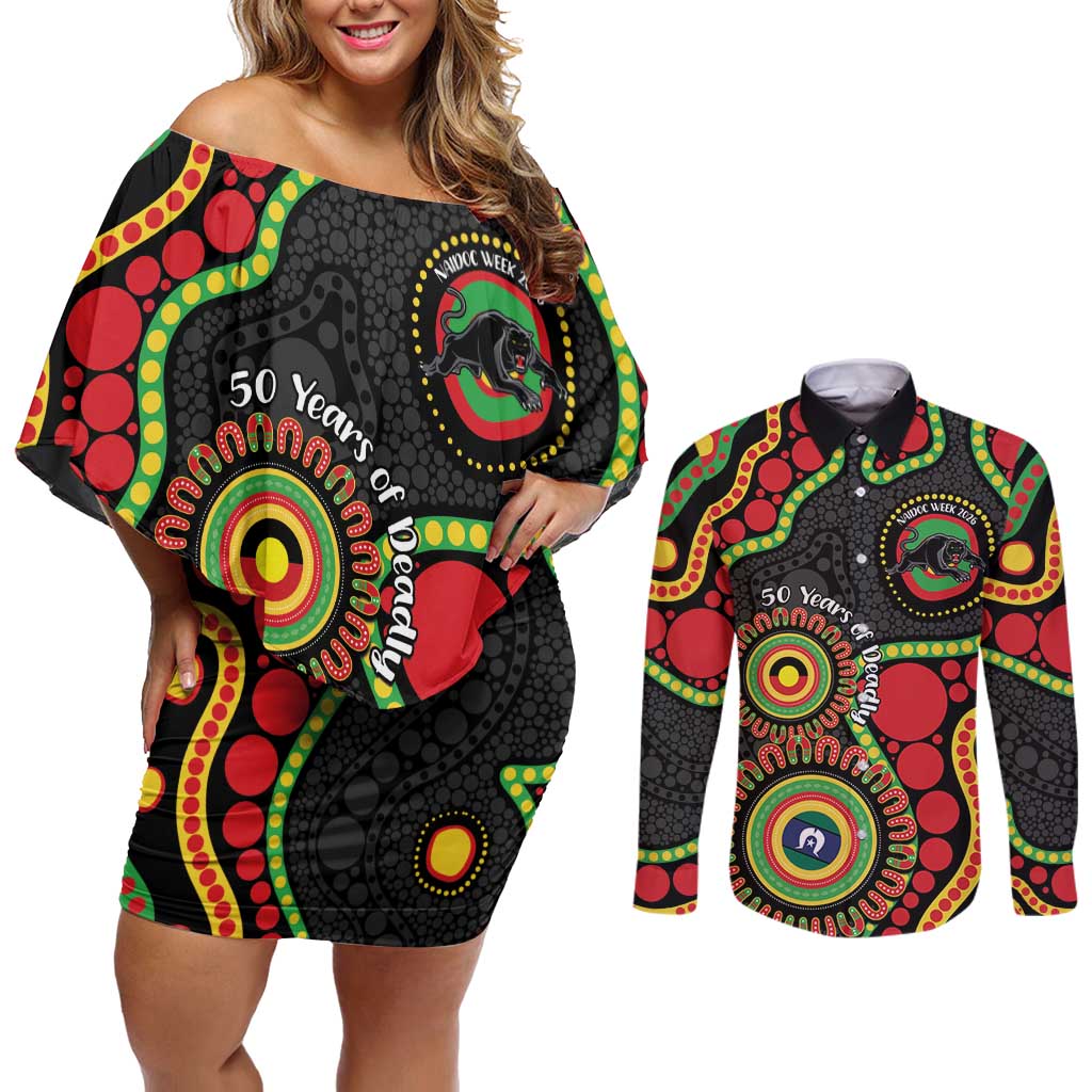 Panthers NAIDOC Week 2026 Personalised Couples Matching Off Shoulder Short Dress and Long Sleeve Button Shirt 50 Years of Deadly Aboriginal Art Black