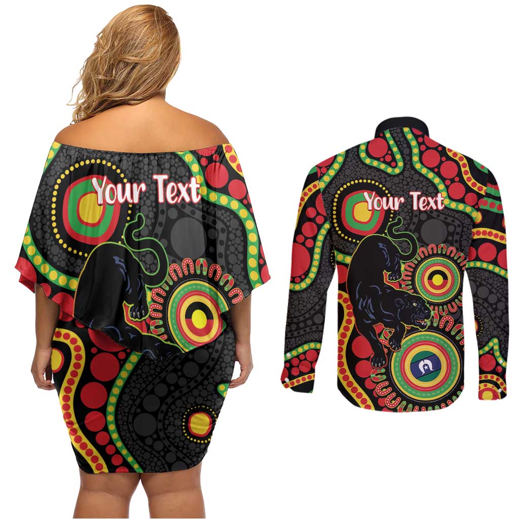 Panthers NAIDOC Week 2026 Personalised Couples Matching Off Shoulder Short Dress and Long Sleeve Button Shirt 50 Years of Deadly Aboriginal Art Black
