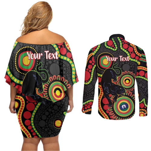 Panthers NAIDOC Week 2026 Personalised Couples Matching Off Shoulder Short Dress and Long Sleeve Button Shirt 50 Years of Deadly Aboriginal Art Black