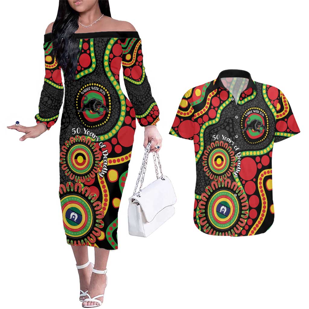 Panthers NAIDOC Week 2026 Personalised Couples Matching Off The Shoulder Long Sleeve Dress and Hawaiian Shirt 50 Years of Deadly Aboriginal Art Black
