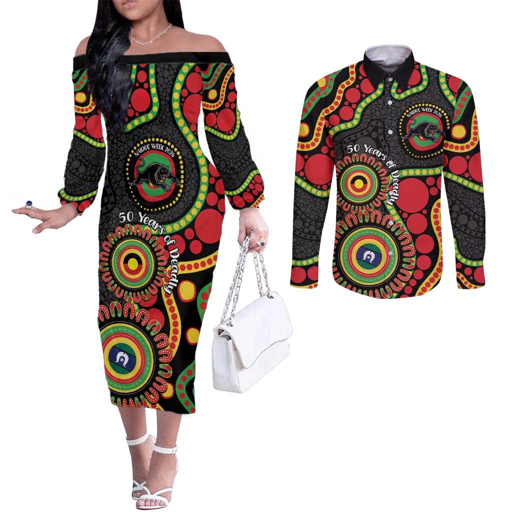 Panthers NAIDOC Week 2026 Personalised Couples Matching Off The Shoulder Long Sleeve Dress and Long Sleeve Button Shirt 50 Years of Deadly Aboriginal Art Black