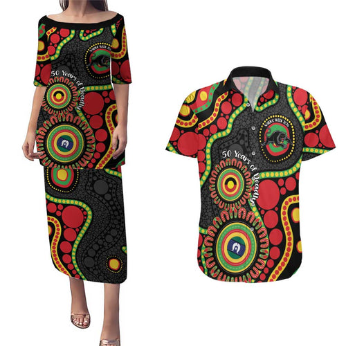 Panthers NAIDOC Week 2026 Personalised Couples Matching Puletasi and Hawaiian Shirt 50 Years of Deadly Aboriginal Art Black