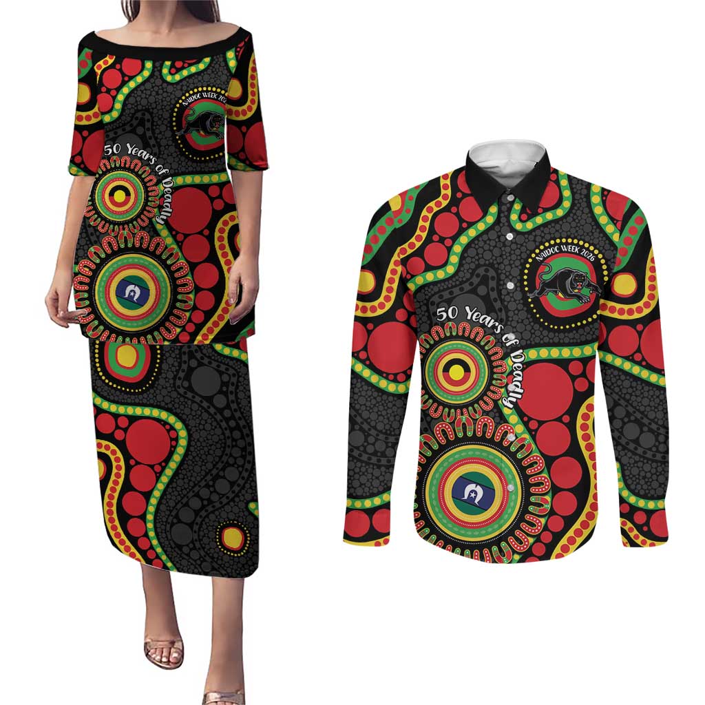 Panthers NAIDOC Week 2026 Personalised Couples Matching Puletasi and Long Sleeve Button Shirt 50 Years of Deadly Aboriginal Art Black
