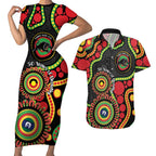 Panthers NAIDOC Week 2026 Personalised Couples Matching Short Sleeve Bodycon Dress and Hawaiian Shirt 50 Years of Deadly Aboriginal Art Black