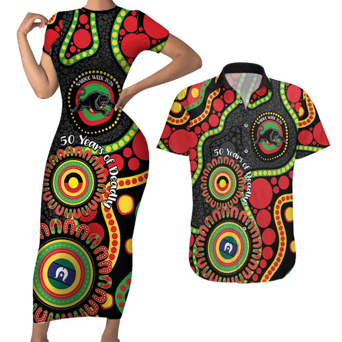 Panthers NAIDOC Week 2026 Personalised Couples Matching Short Sleeve Bodycon Dress and Hawaiian Shirt 50 Years of Deadly Aboriginal Art Black