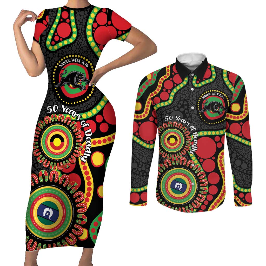 Panthers NAIDOC Week 2026 Personalised Couples Matching Short Sleeve Bodycon Dress and Long Sleeve Button Shirt 50 Years of Deadly Aboriginal Art Black