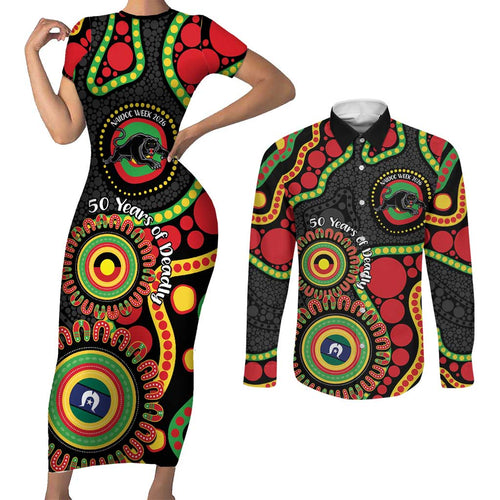 Panthers NAIDOC Week 2026 Personalised Couples Matching Short Sleeve Bodycon Dress and Long Sleeve Button Shirt 50 Years of Deadly Aboriginal Art Black