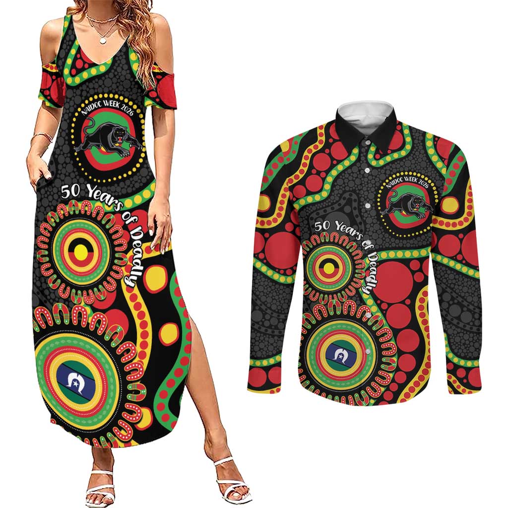 Panthers NAIDOC Week 2026 Personalised Couples Matching Summer Maxi Dress and Long Sleeve Button Shirt 50 Years of Deadly Aboriginal Art Black