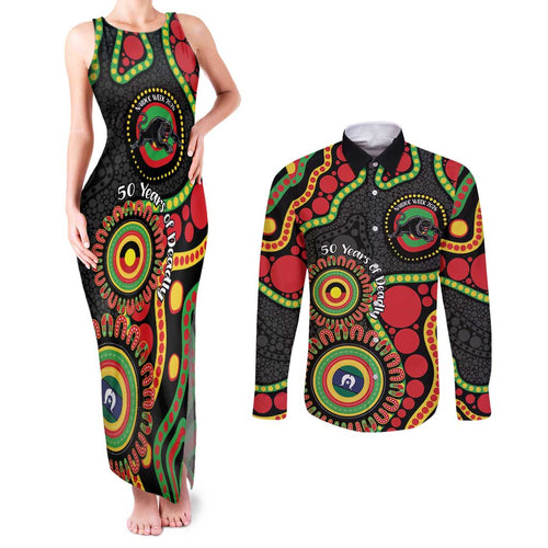Panthers NAIDOC Week 2026 Personalised Couples Matching Tank Maxi Dress and Long Sleeve Button Shirt 50 Years of Deadly Aboriginal Art Black