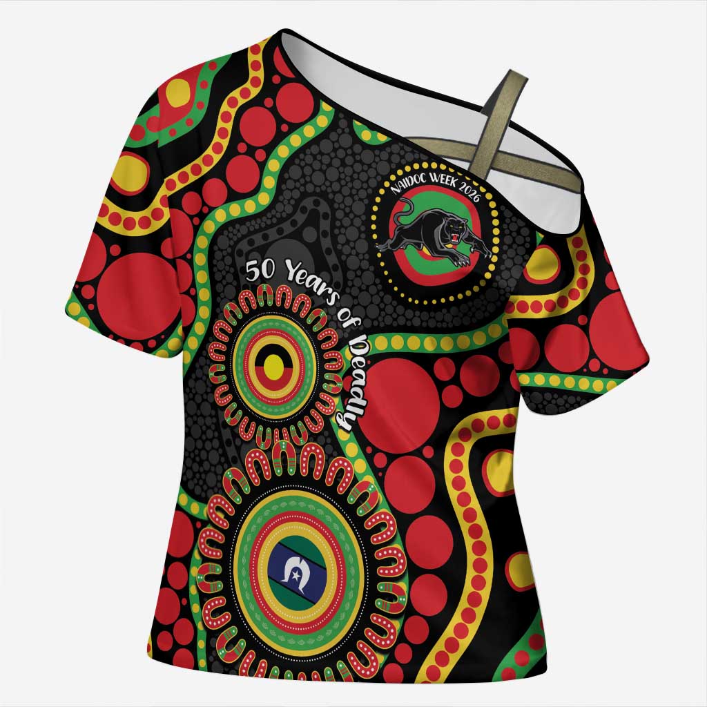 Panthers NAIDOC Week 2026 Personalised Cross Shoulder Shirt 50 Years of Deadly Aboriginal Art Black