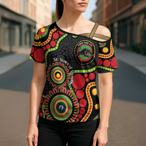 Panthers NAIDOC Week 2026 Personalised Cross Shoulder Shirt 50 Years of Deadly Aboriginal Art Black