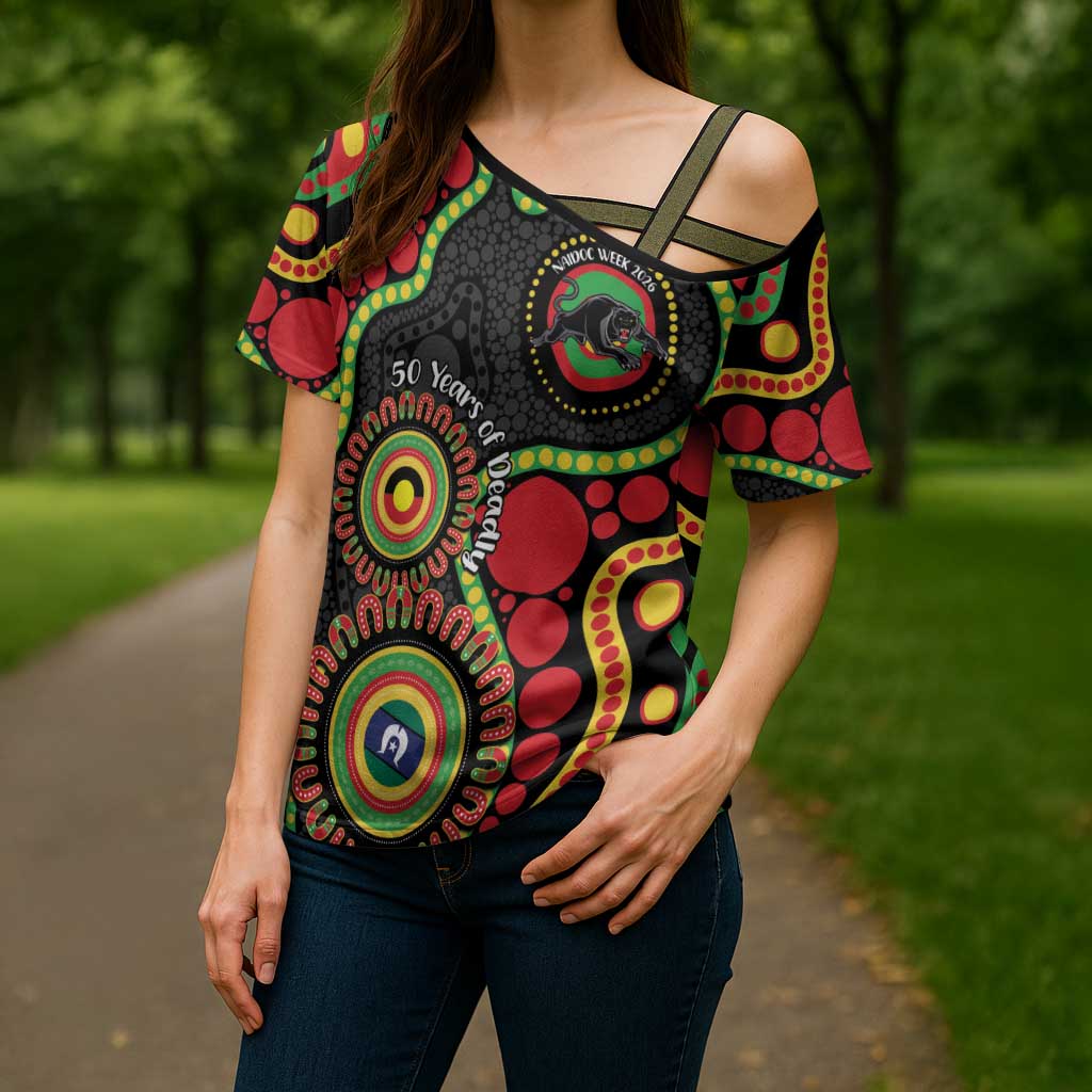 Panthers NAIDOC Week 2026 Personalised Cross Shoulder Shirt 50 Years of Deadly Aboriginal Art Black