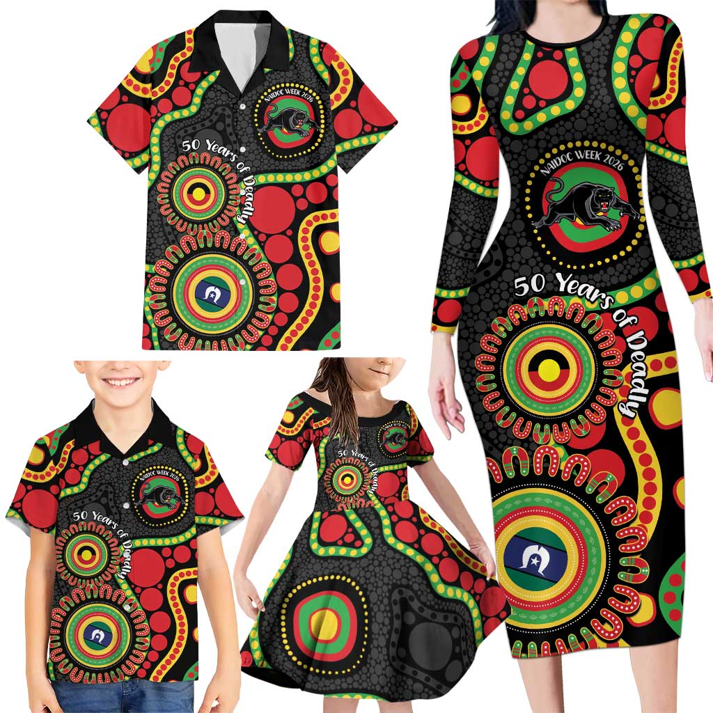 Panthers NAIDOC Week 2026 Personalised Family Matching Long Sleeve Bodycon Dress and Hawaiian Shirt 50 Years of Deadly Aboriginal Art Black