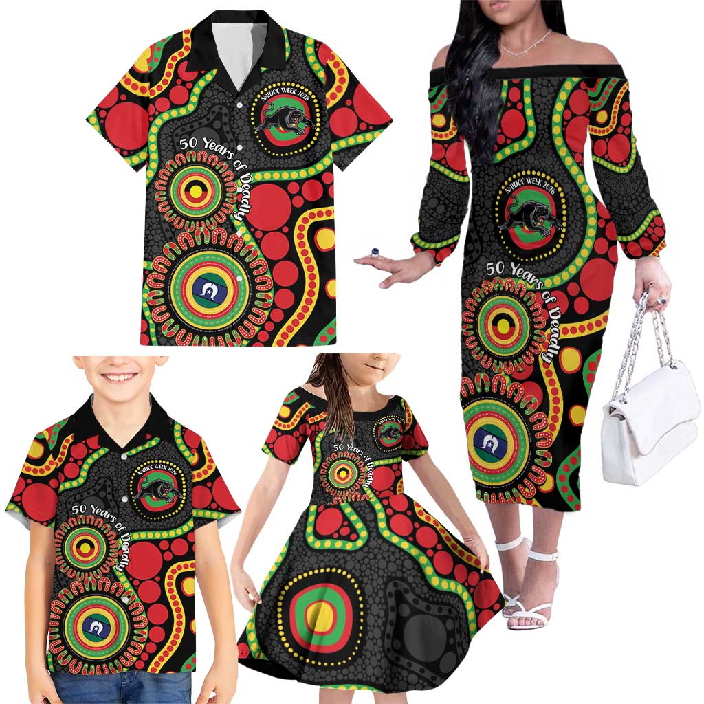 Panthers NAIDOC Week 2026 Personalised Family Matching Off The Shoulder Long Sleeve Dress and Hawaiian Shirt 50 Years of Deadly Aboriginal Art Black